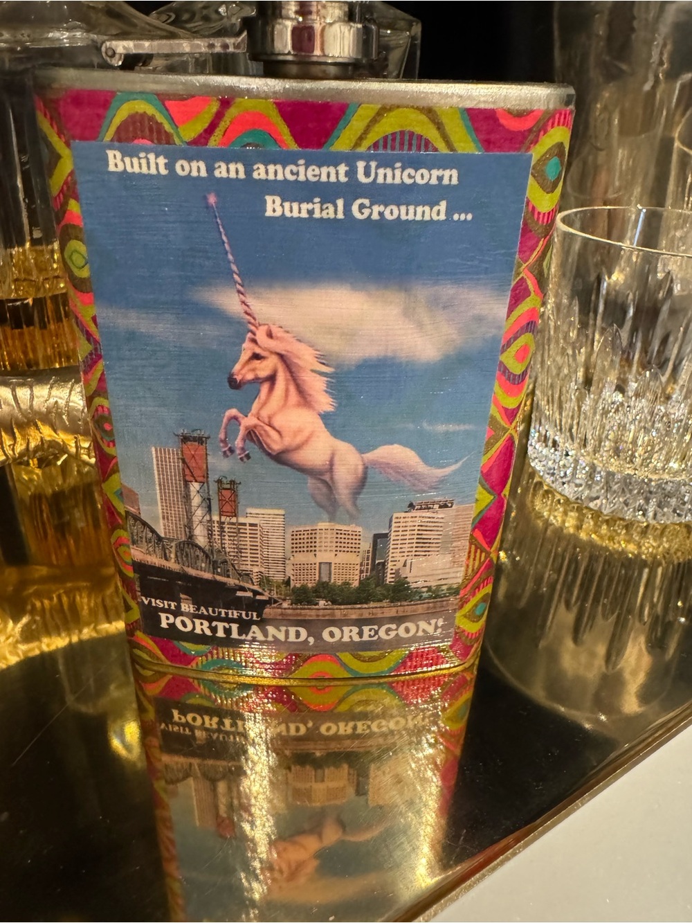 Folk Art Custom Made Portland Unicorn Graphic Hip Flask - Colorful